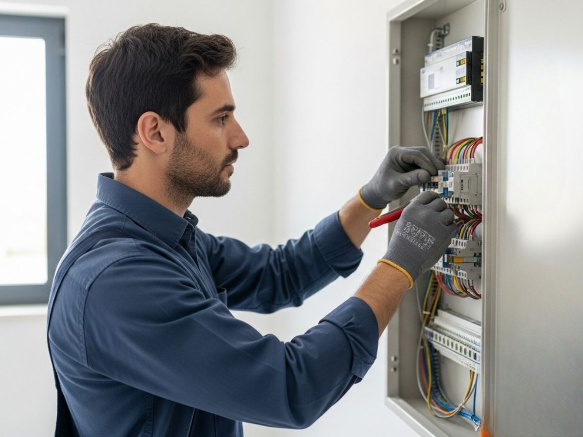 Eletricista certificado DGEG realizando inspeção de quadro elétrico em casa moderna na Póvoa de Varzim