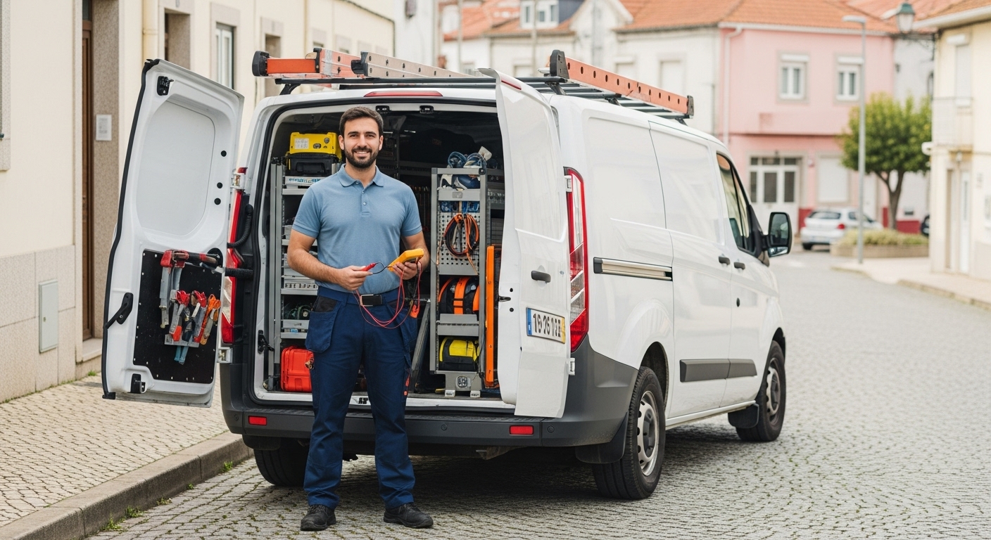 Eletricista certificado DGEG da Figueiredo Novo com carrinha de trabalho em rua de Póvoa de Varzim - 23 anos experiência